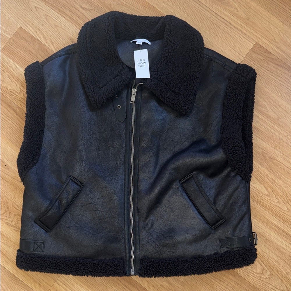 NWT And Now This Black Faux Leather Vest with Shearling Trim XL MOTO